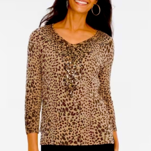 Chico's Sweaters - Chico's Size 0 (Size: XS) Leopard printed with Gold & Sequin Pullover Top NWT